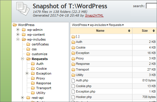 Example folder listing of HTML output by Snap2HTML